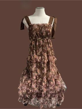 Blu Pepper Brown Floral Ruffled Tie-Shoulder Maxi Dress